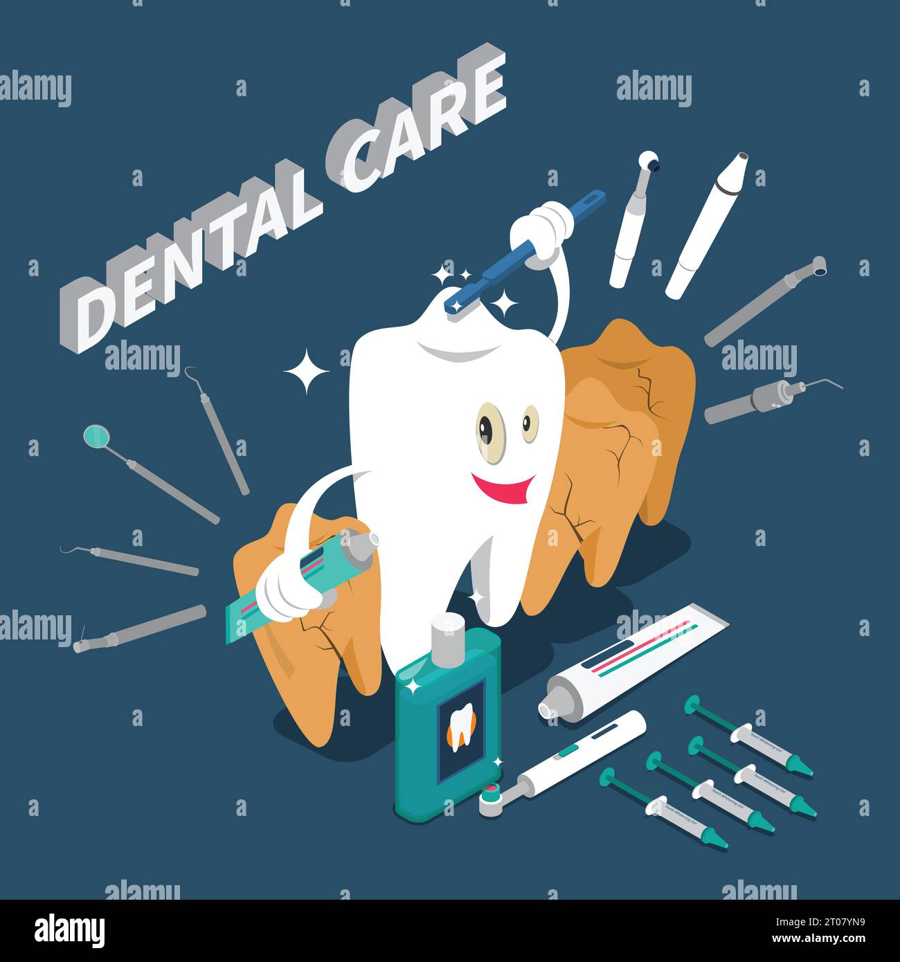 Dental care isometric concept with cartoon character in shape of tooth holding toothpaste and toothbrush vector illustration Stock Vector