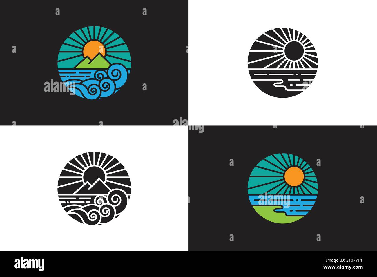 Beach icon logo, sun and sea tidal waves, flat design with silhouette variations Stock Vector