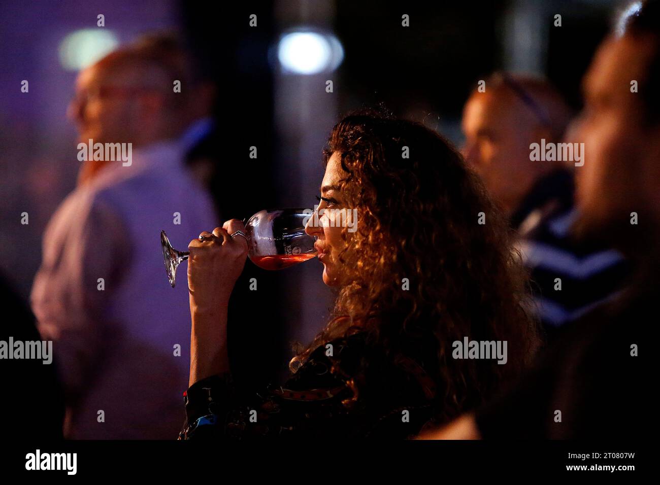 Beirut, Lebanon. 4th Oct, 2023. A visitor tastes wine at the Lebanese