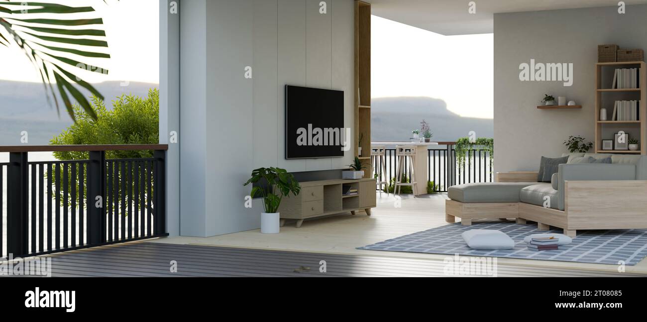 Side view image of a modern spacious living room interior design with a ...