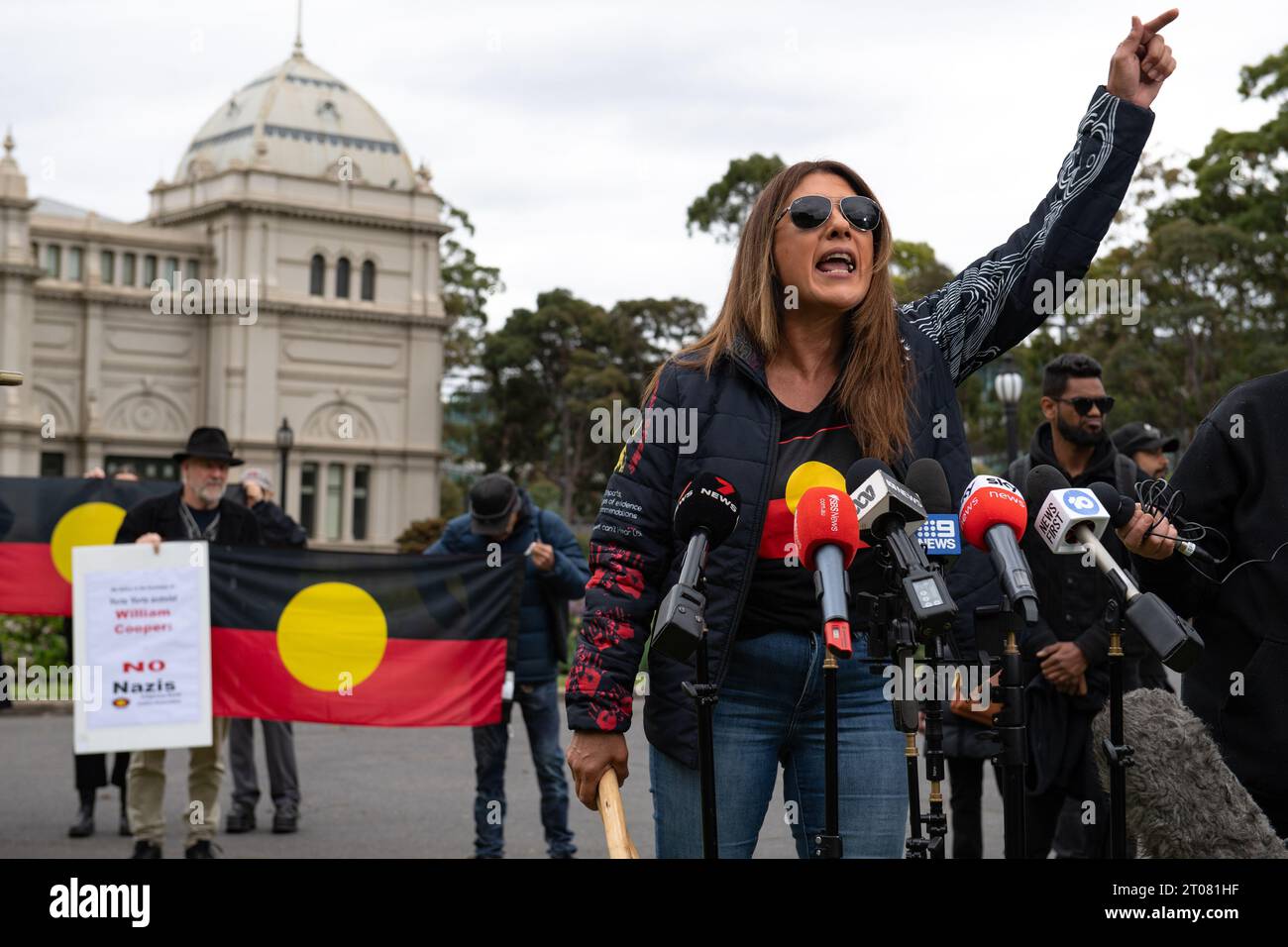 October 5th 2023, Melbourne, Australia. Senator Lidia Thorpe holds a press conference, livid in response to a chilling video posted online where she and Indigenous Australians were threatened by Neo-Nazis. Senator Thorpe commented on the rise and perpetuity of fascism in Australia and the ineffectiveness of the upcoming Voice referendum. Credit: Jay Kogler/Alamy Live News Stock Photo