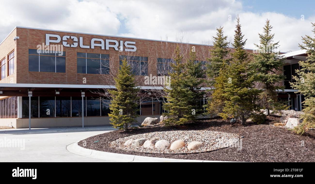 Evergreen garden at the Polaris Global Headquarters and manufacturing plant for snowmobiles and all terrain vehicles. Medina Minnesota MN USA Stock Photo