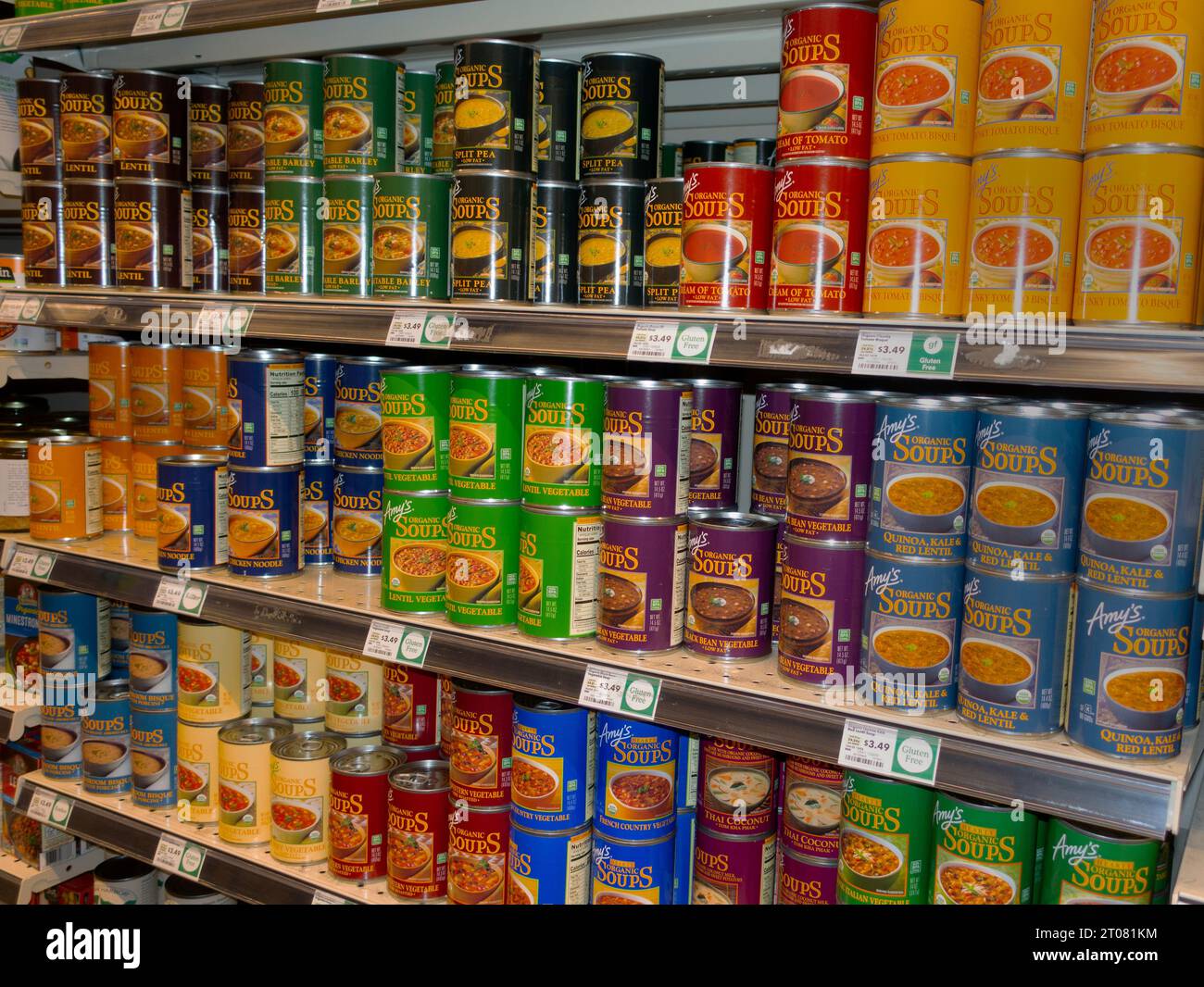 Grocery store healthy soups display shelves organic amys food hires