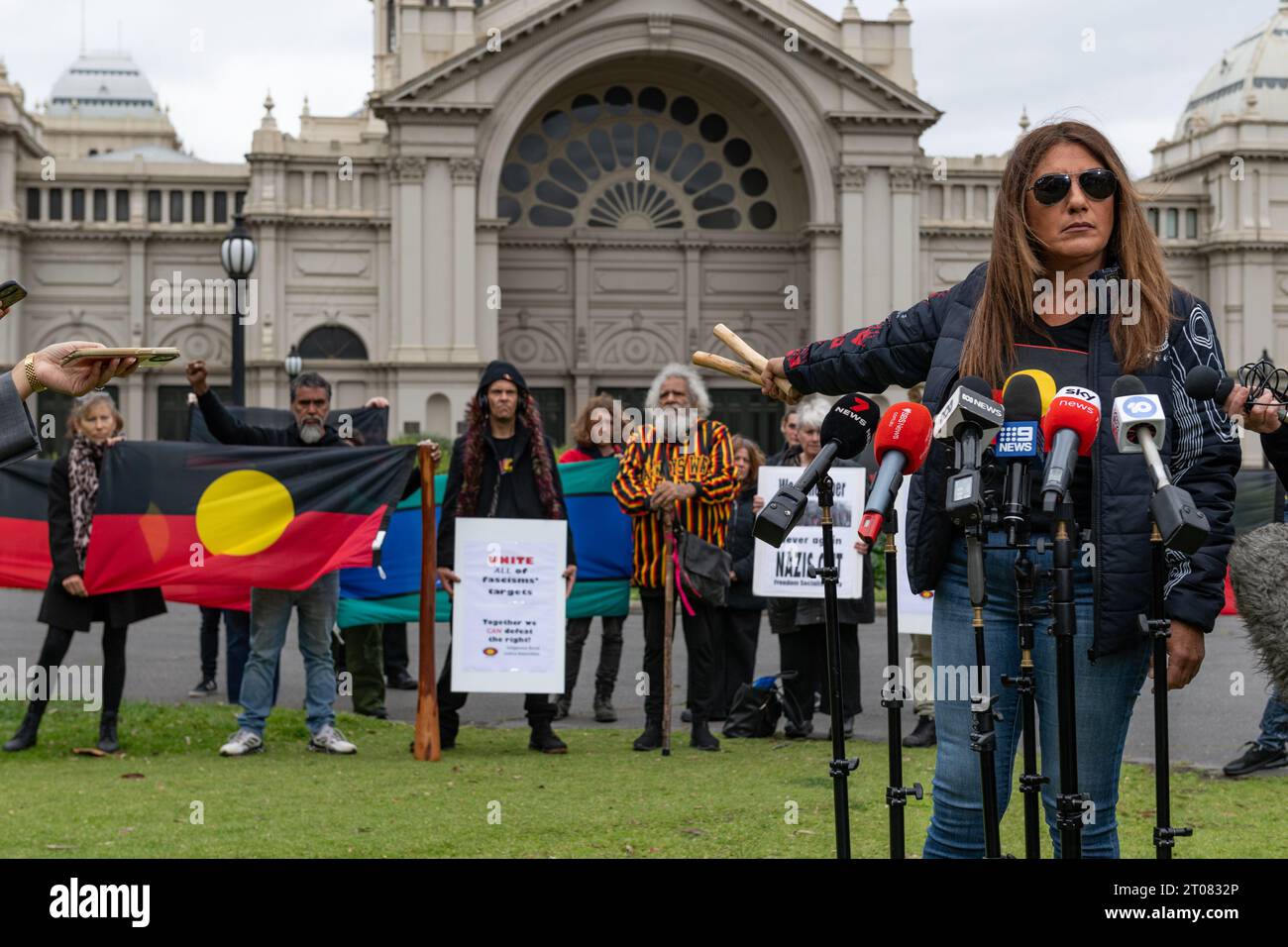 October 5th 2023, Melbourne, Australia. Senator Lidia Thorpe points to her supporters as they rally behind her in solidarity after being threatened online by Neo-Nazis, holding a press conference in response. The chilling video posted online showed a Neo-Nazi threatening her and Indigenous Australians while burning the Aboriginal flag. Fed up with government action of the rise of fascism and white supremacy, Senator Thorpe commented on its perpetuity by the people in power and the ineffectiveness of the upcoming Voice referendum. Credit: Jay Kogler/Alamy Live News Stock Photo