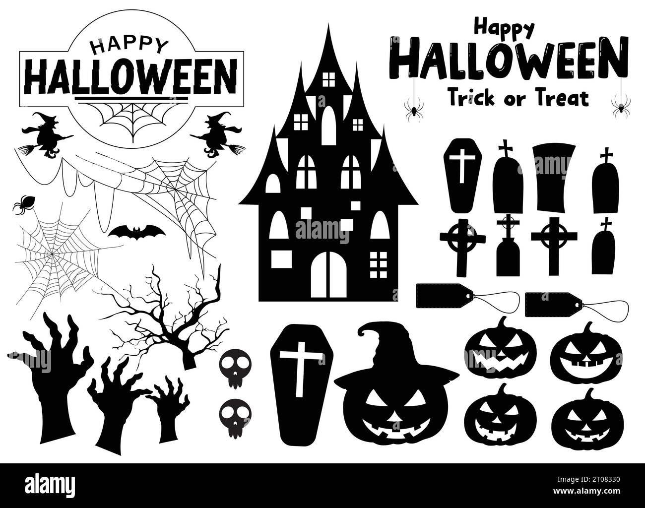 Halloween silhouette vector set design. Happy halloween text and trick or treat greeting with black shadow horror decoration elements. Vector Stock Vector