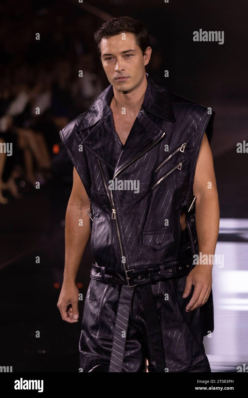 Francisco Lachowski wears a creation for the L'Oreal Spring/Summer 2024 womenswear fashion collection presented Sunday, Oct. 1, 2023 in Paris. (AP Photo/Vianney Le Caer) Stock Photo