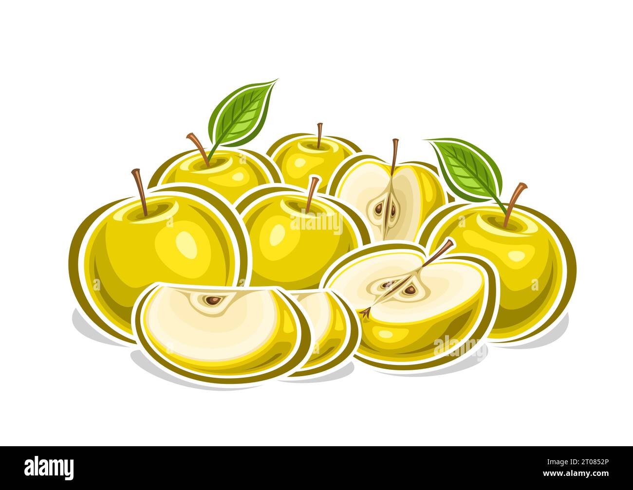 Vector logo for Yellow Apples, decorative horizontal poster with outline illustration of golden apple fruity composition, fruit print with chopped jui Stock Vector