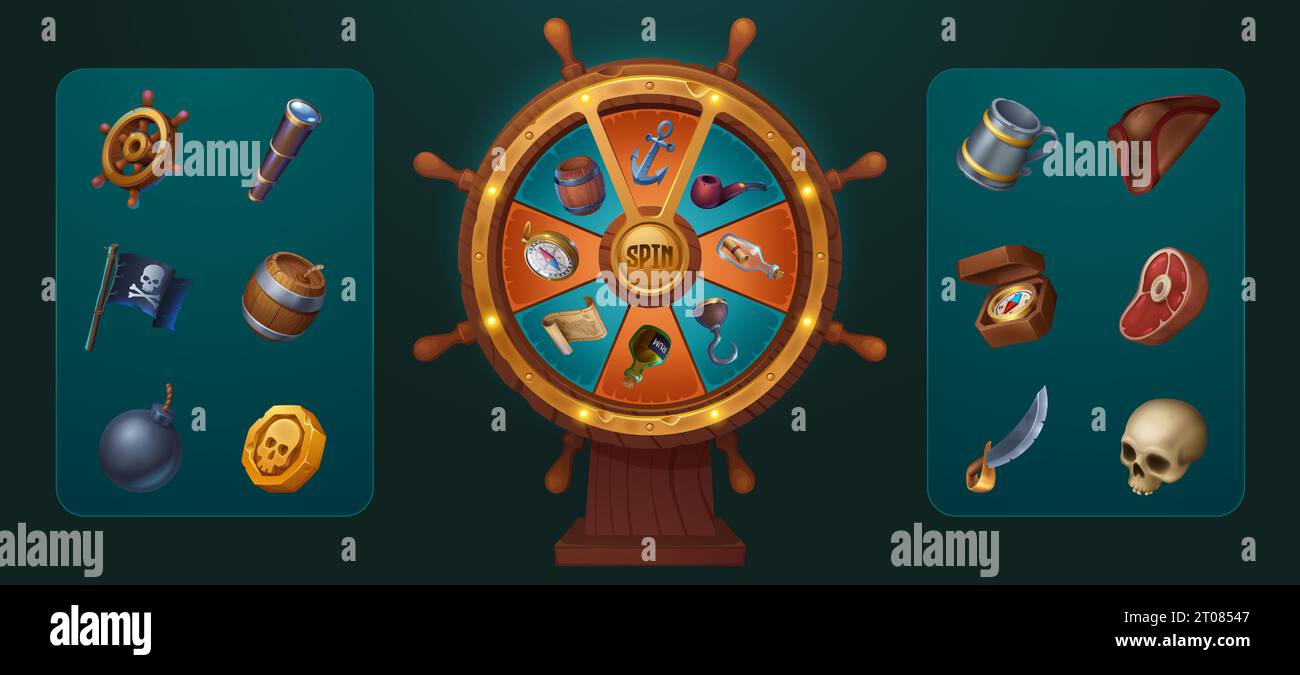 Pirate game spin wheel with slot ui fortune icon set. Isolated bottle with treasure map, skull coin, parchment and flag collection for gui roulette interface. Lucky lottery to play and win bonus Stock Vector