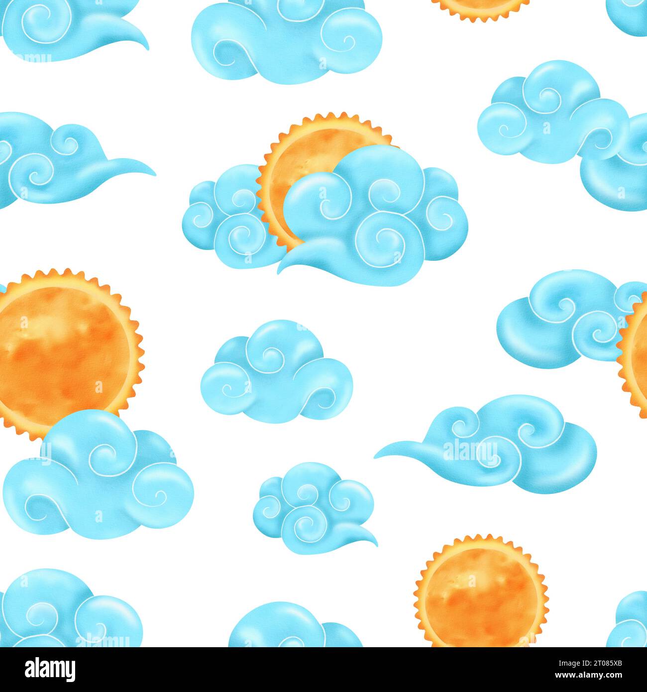 Seamless pattern of blue clouds in a Chinese style. This watercolor ...