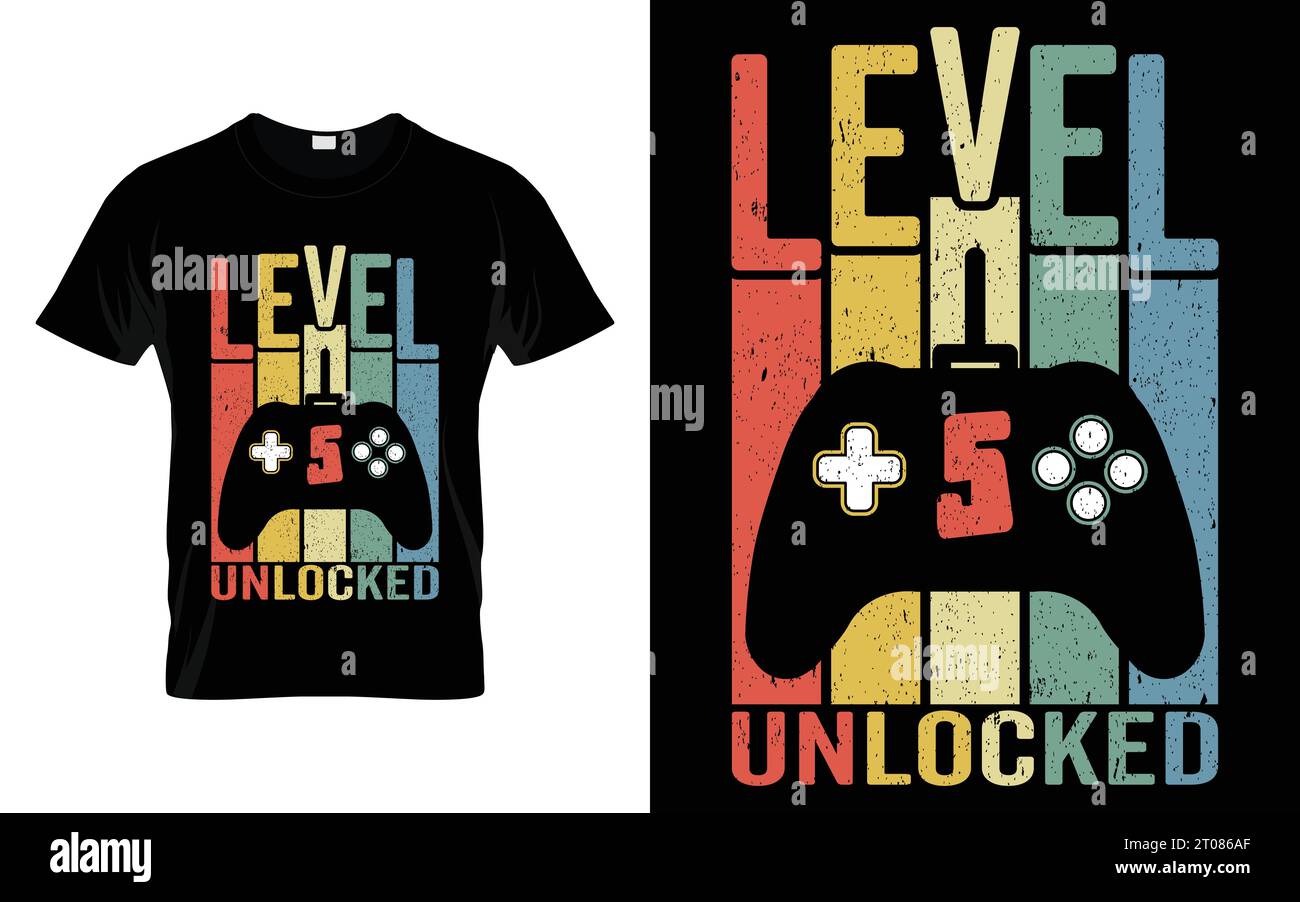 Retro Vintage 5th Birthday Level 5 Unlocked Funny Video Gaming Gift vector t-shirt Stock Vector