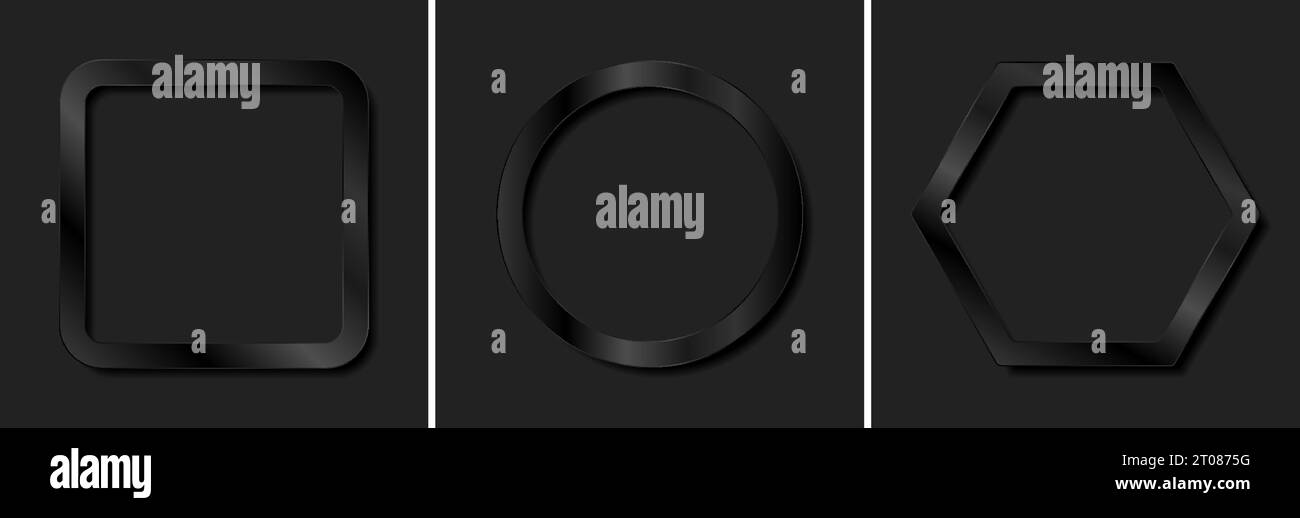 Set of abstract black glossy geometric frames. Technology vector design