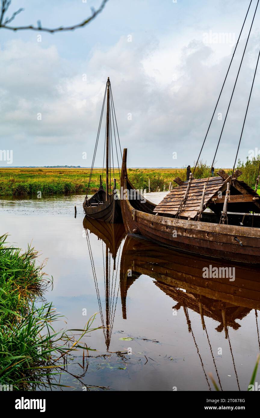 Viking boats in denmark with reflection on Water Stock Photo