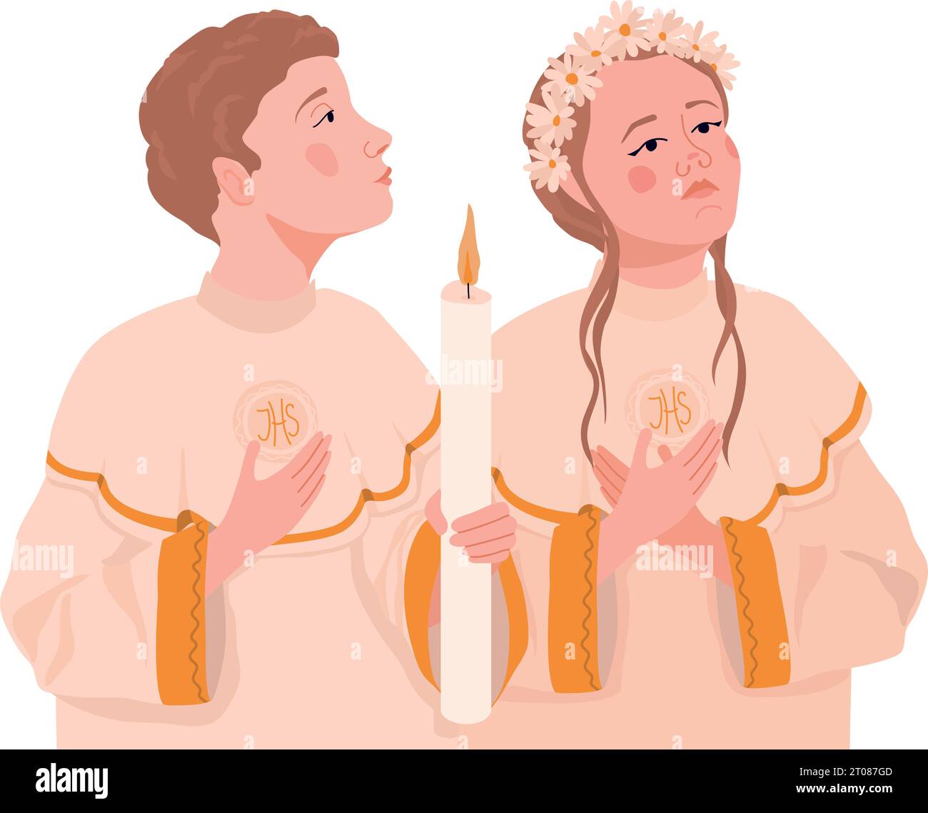 Children during the first communion. Vector illustration. A boy and a ...