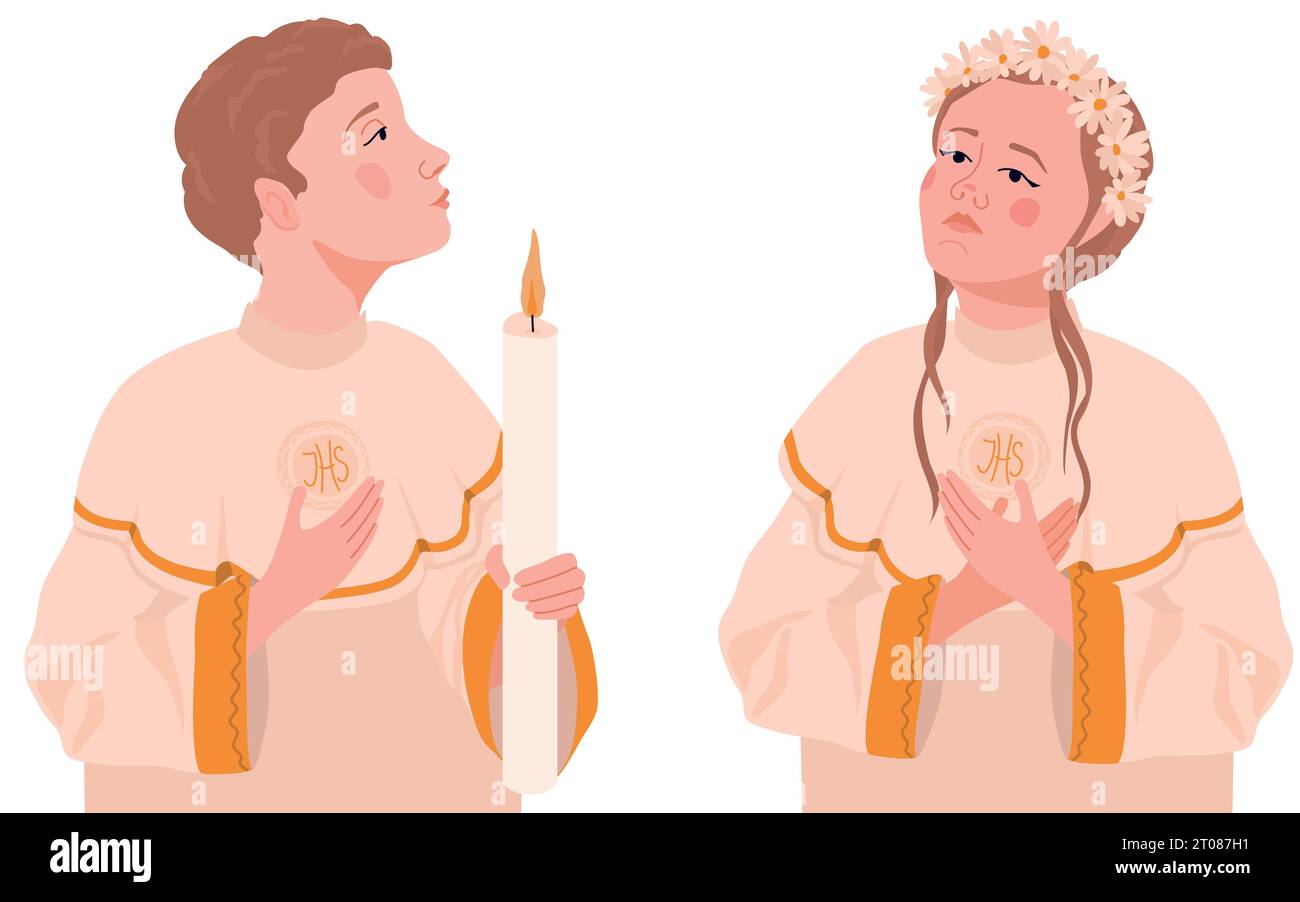 Children during the first communion. Vector illustration. A boy and a ...