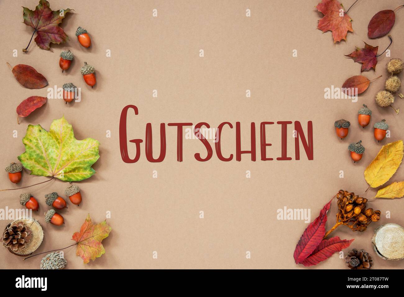 Autumn Background with Autumn Decoration, With Acorns and Fall Leaves and German Text Gutschein, which means Voucher in English Stock Photo