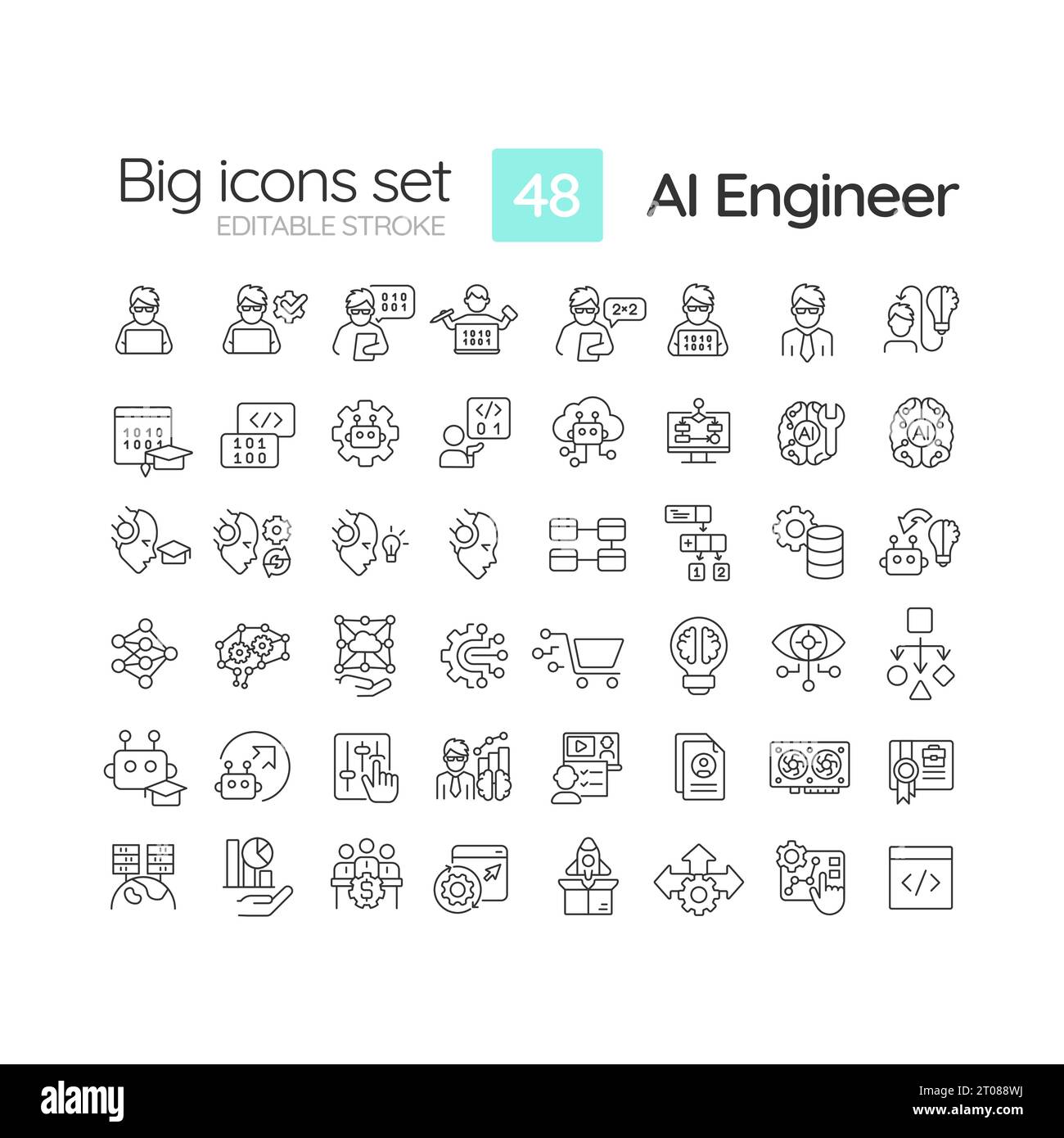 Editable black big icons for representing AI engineer Stock Vector