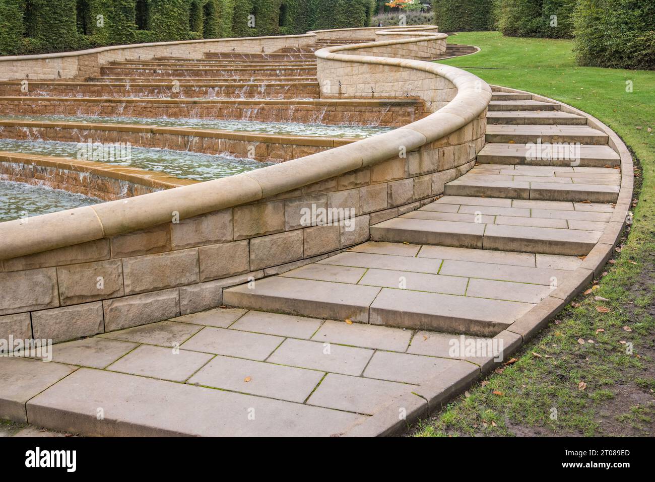 The Grand Cascade, a famous water feature in Alnwick Gardens Northumberland, is the centrepiece