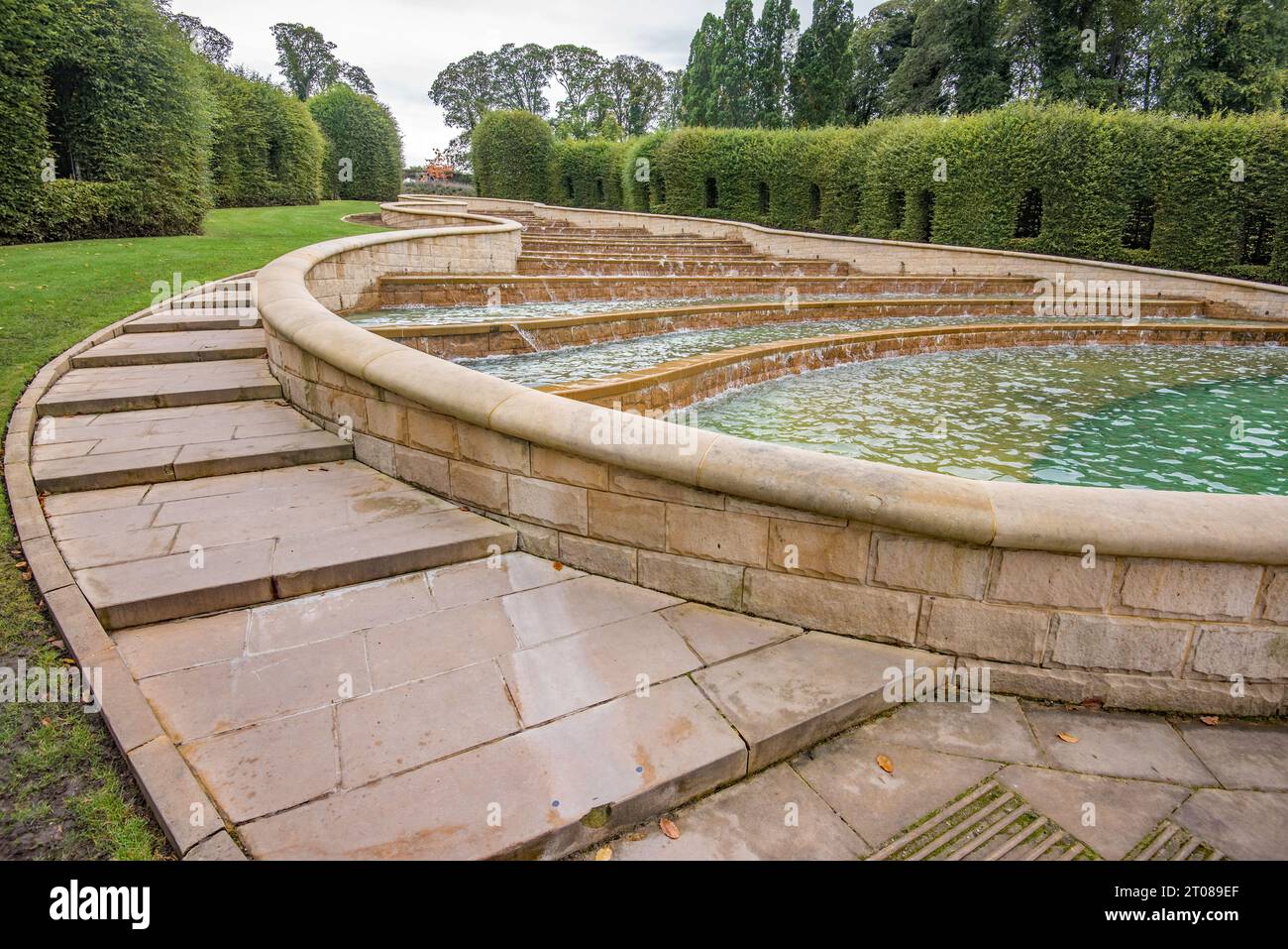 The Grand Cascade, a famous water feature in Alnwick Gardens Northumberland, is the centrepiece