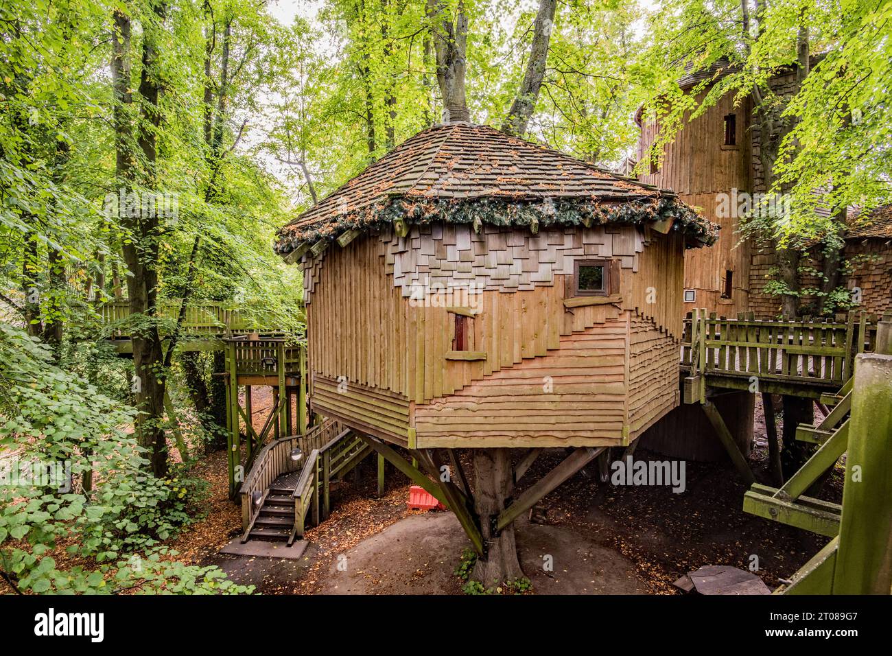 The quirky Treehouse at Alnwick Gardens in Northumberland is around sixty feet off the ground and has a restaurant and wedding venue. Stock Photo