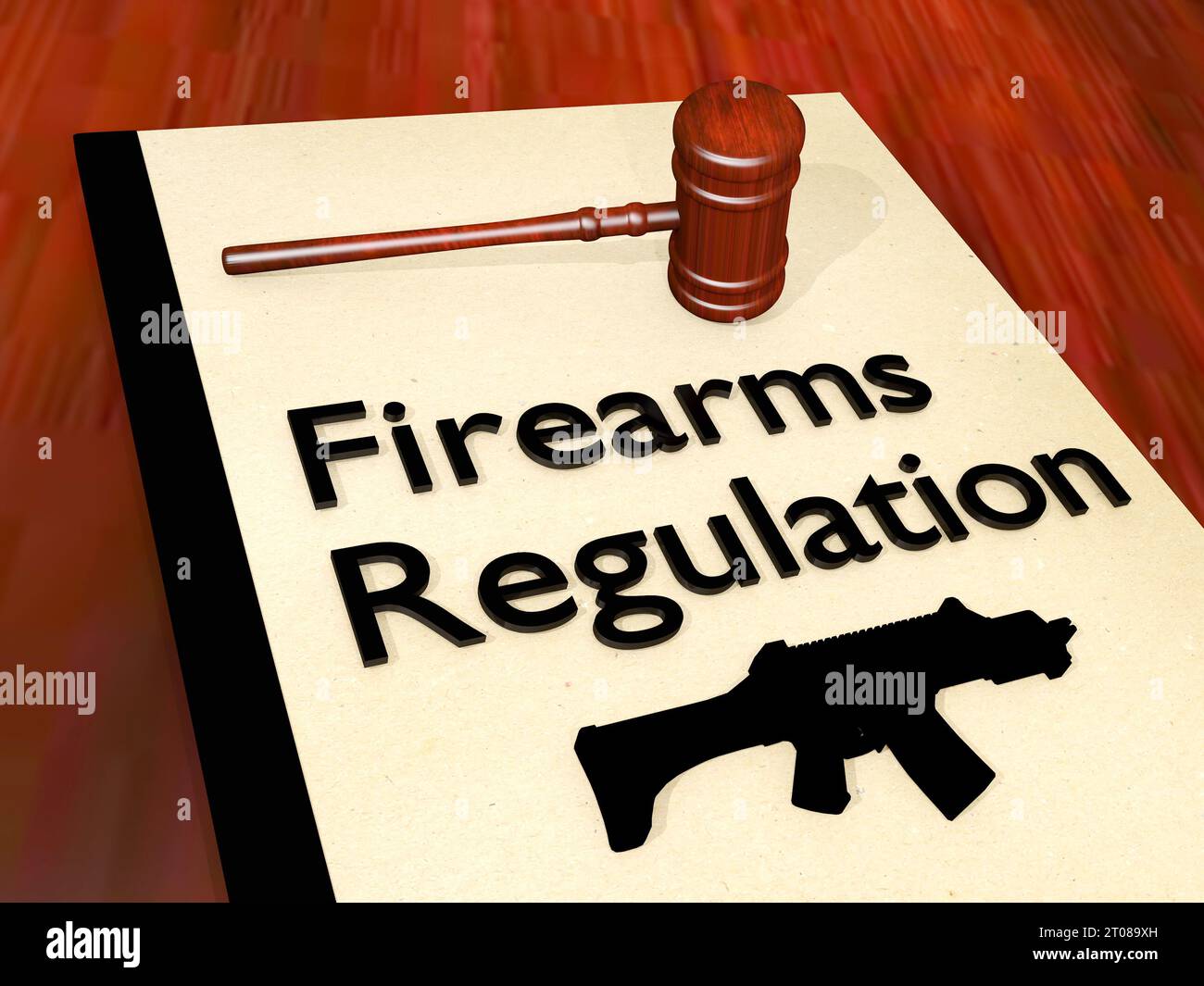 3D illustration of a judge gavel and Firearms Regulation title on legal booklet, along symbolic gun. Stock Photo