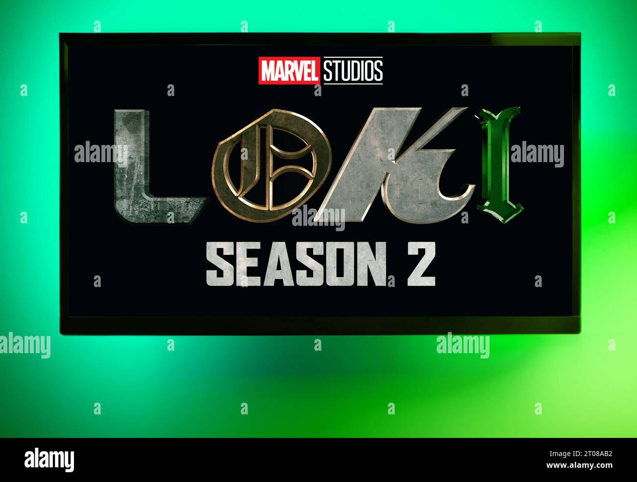 Buenos Aires, Argentina; 10-02-2023: Marvel Studios’ Loki Season 2 logo on TV screen. Stock Photo
