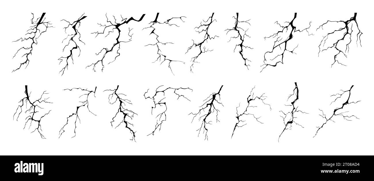 Lightning strike bolt silhouettes vector illustration set. Black thunderbolts and zippers are natural phenomena isolated on a white background. Thunde Stock Vector