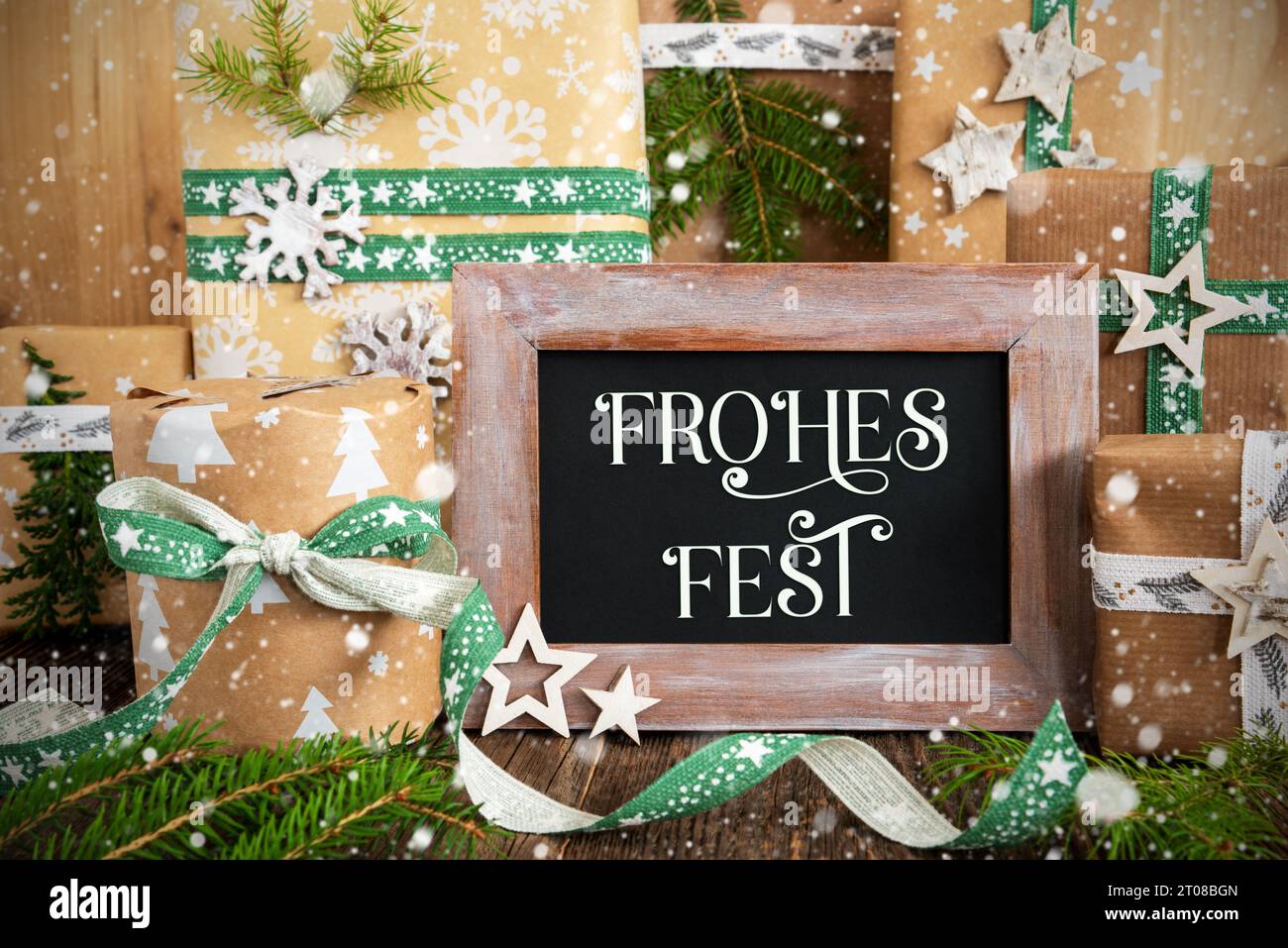 Text Frohes Fest, Means Happy Holidays, With Sustainable Christmas Decoration Stock Photo