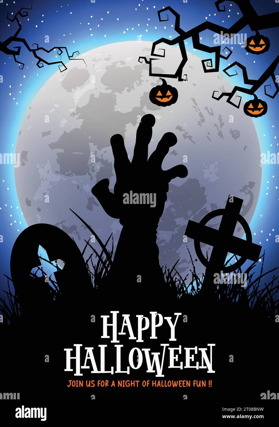 Happy halloween text vector poster design. Halloween greeting card with dead zombie hand in creepy, scary and horror silhouette grave yard background. Stock Vector