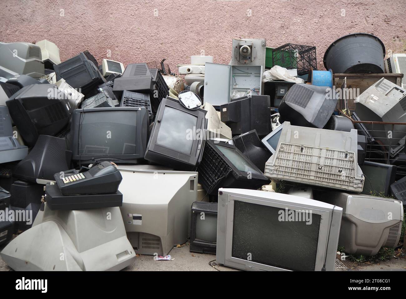 Electronic waste. Out of use monitors and televisions. Recycling