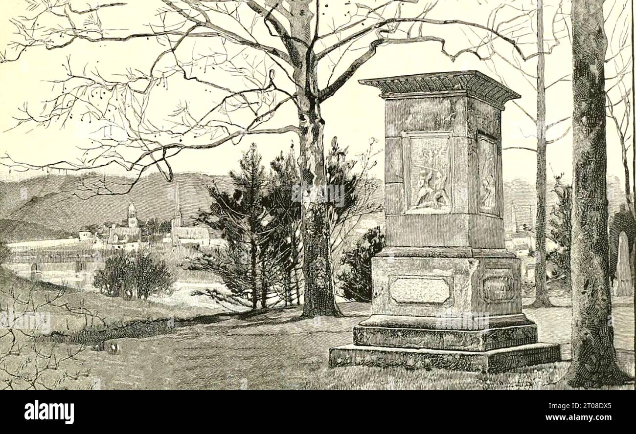 1887  An engraving of the Daniel Boone monument , Frankfort, Kentucky. Boone (1734-1820) was a American pioneer and frontiersman. Stock Photo