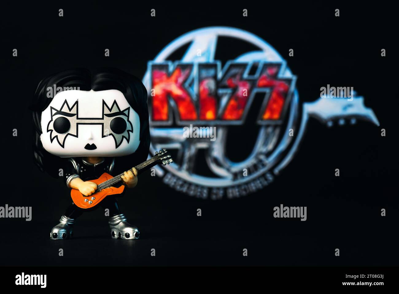 Funko POP vinyl figure of Spaceman Ace Frehley guitarist of the american heavy metal group Kiss over black background. Illustrative editorial of Funko Stock Photo