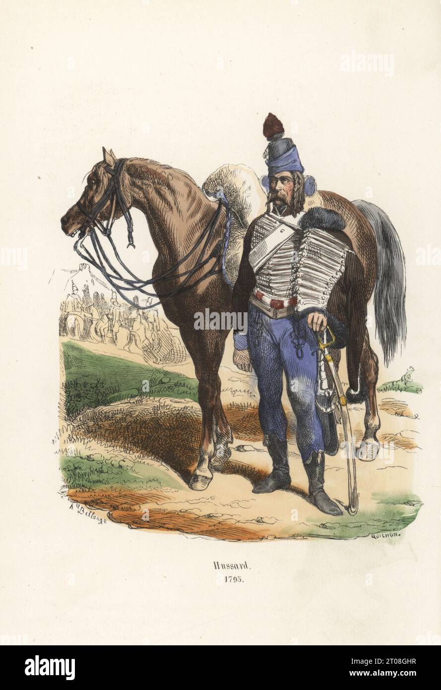 Uniform of a French Hussar, 1795. In schako, brown fur pelisse and dolman with frogging, blue trousers, boots, sabretache, armed with sabre. Uniform of the 13th Hussars cavalry regiment. Mouton shabrack. Hussard. Handcoloured woodcut by Quichon after an illustration by Hippolyte Bellangé from P.M. Laurent de l’Ardeche’s Histoire de Napoleon, Paris, 1840. Stock Photo