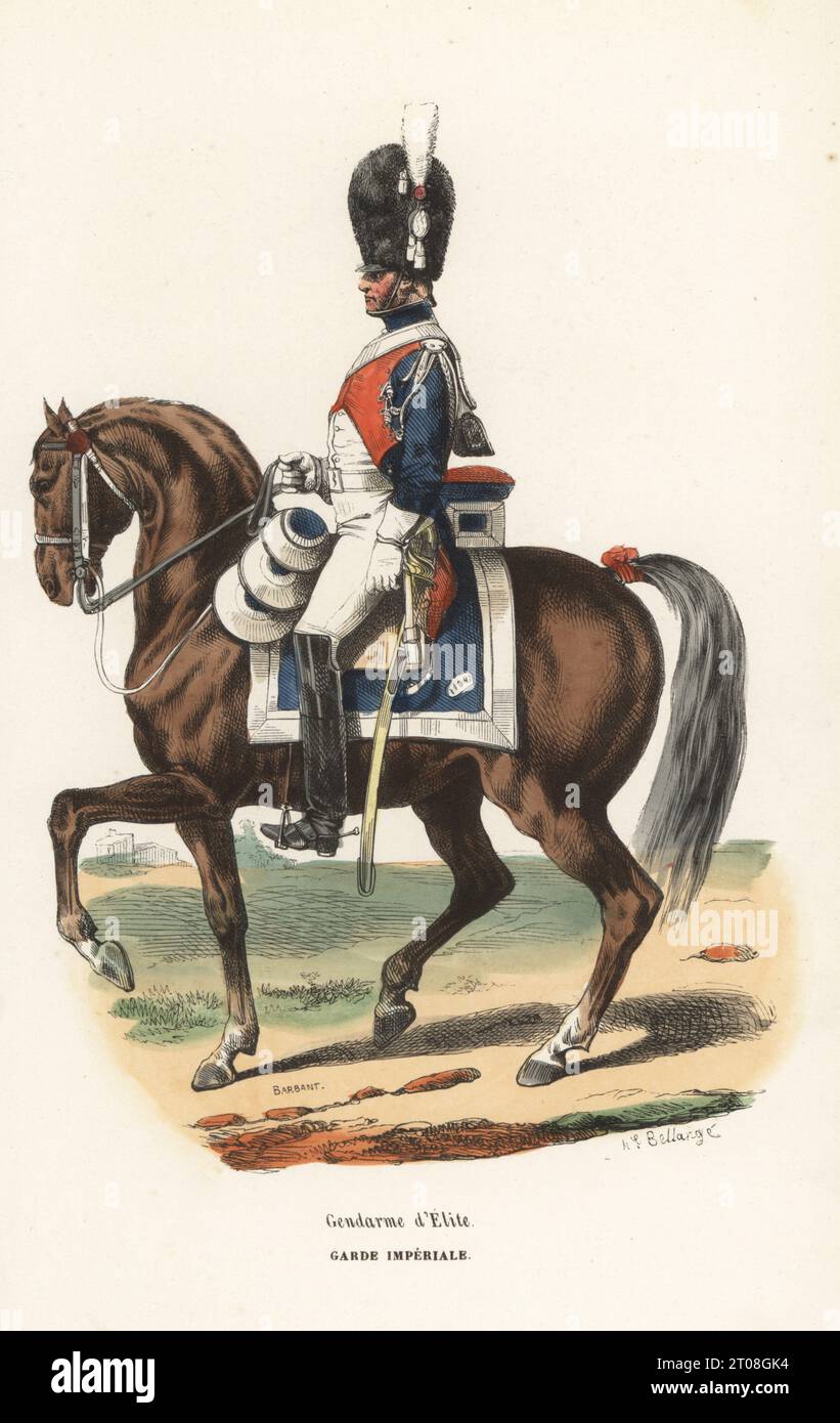 Uniform of the Elite Gendarmes, cavalry regiment in the French Imperial Guard. In bearskin cap with plume, blue coat, red lapels and cuffs, white aiguillettes and epaulettes, white trousers and black boots. Gendarme d'Elite, Garde Imperiale. Handcoloured woodcut by Nicolas Barbant after an illustration by Hippolyte Bellangé from P.M. Laurent de l’Ardeche’s Histoire de Napoleon, Paris, 1840. Stock Photo