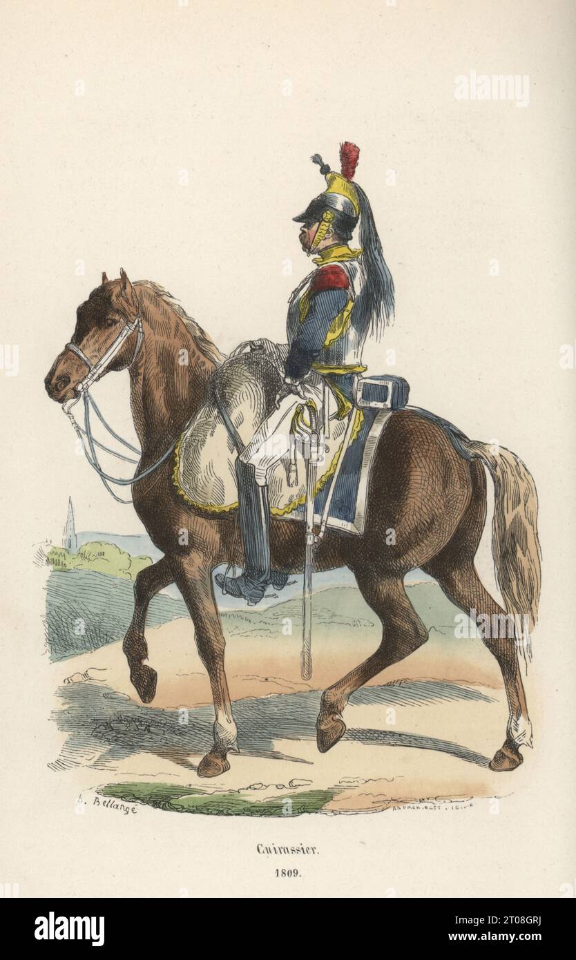 Uniform of a French cuirassier, heavy cavalry, 1809. In steel helmet with brass comb, red plume, steel cuirass over blue coat with red epaulettes and yellow collar (possibly the 7th Cuirassiers regiment). Armed with straight sword. Cuirassier, 1809. Handcoloured woodcut by Andrew Best Leloir after an illustration by Hippolyte Bellangé from P.M. Laurent de l’Ardeche’s Histoire de Napoleon, Paris, 1840. Stock Photo