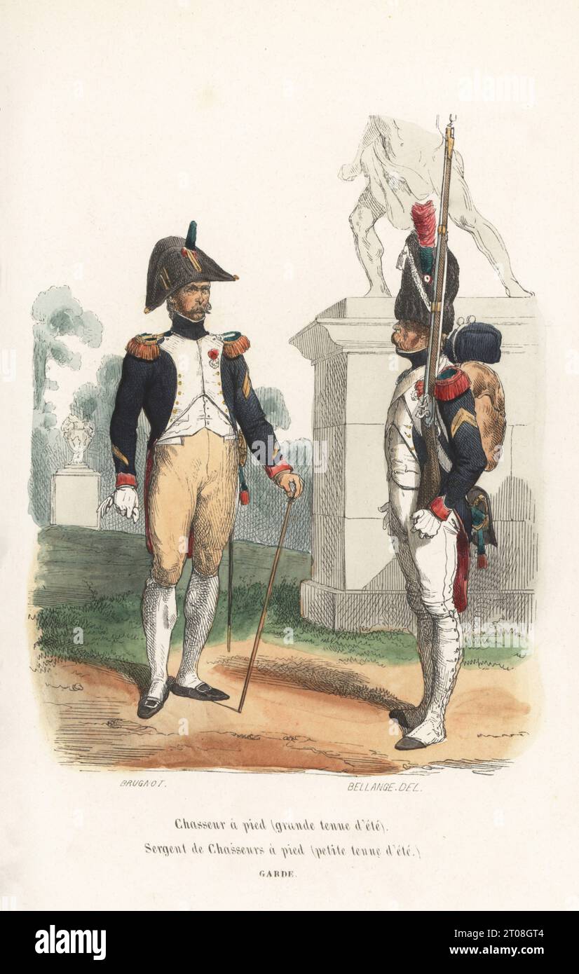 Summer uniforms of the French foot chasseurs, Old Guard. Sergeant in bicorne, blue coat, buff breeches, gold epaulettes. Soldier in bearskin, blue coat, red epaulettes, gaiters, armed with musket. Chasseur a pied (grande tenue d'ete), Sergent de Chasseurs a pied (petite tenue d'ete). Garde. Handcoloured woodcut by Brugnot after an illustration by Hippolyte Bellangé from P.M. Laurent de l’Ardeche’s Histoire de Napoleon, Paris, 1840. Stock Photo