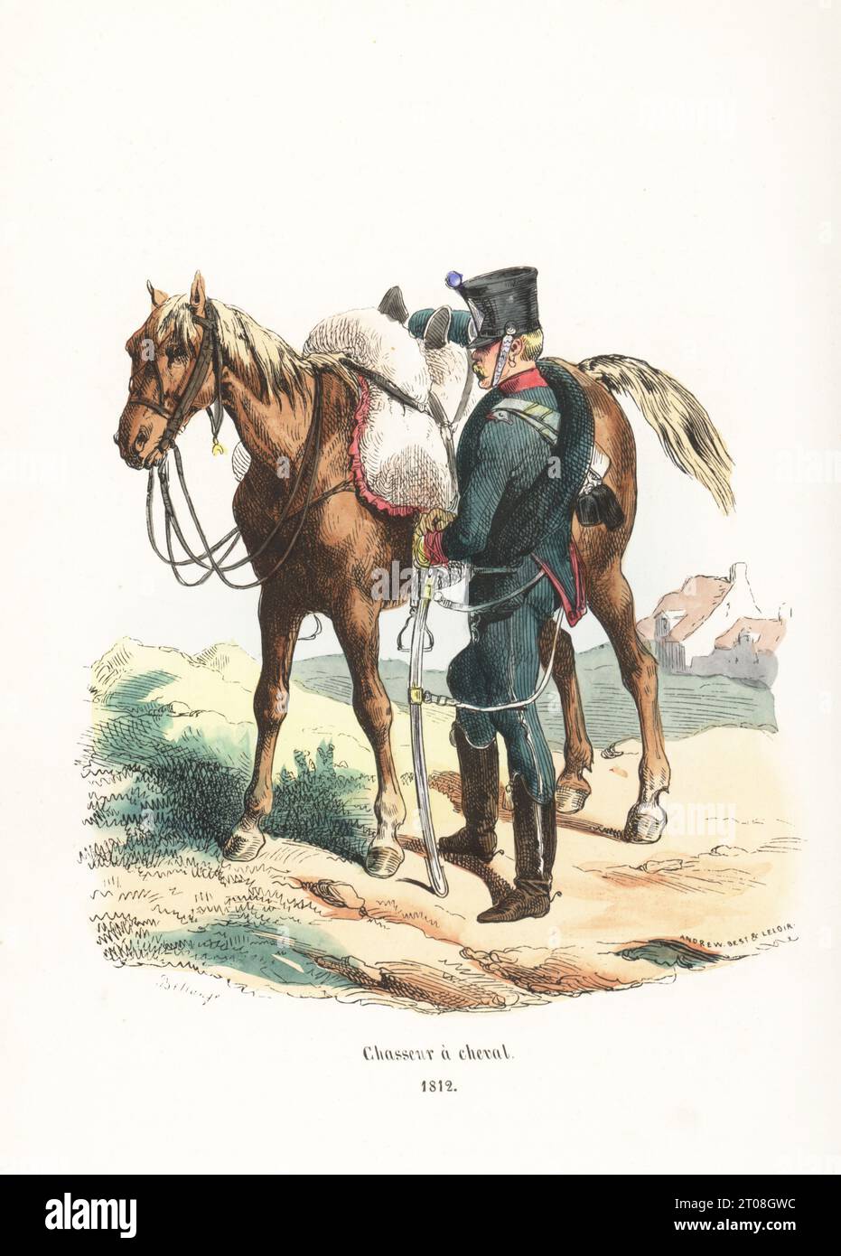 Uniform of the French Horse Chasseurs, 1st Regiment, 1812. In shako, green coat with red collar, cuffs and turnbacks, breeches and boots, armed with sabre. Mouton shabrack. Chasseur a cheval, 1812. Handcoloured woodcut by Andrew Best Leloir after an illustration by Hippolyte Bellangé from P.M. Laurent de l’Ardeche’s Histoire de Napoleon, Paris, 1840. Stock Photo