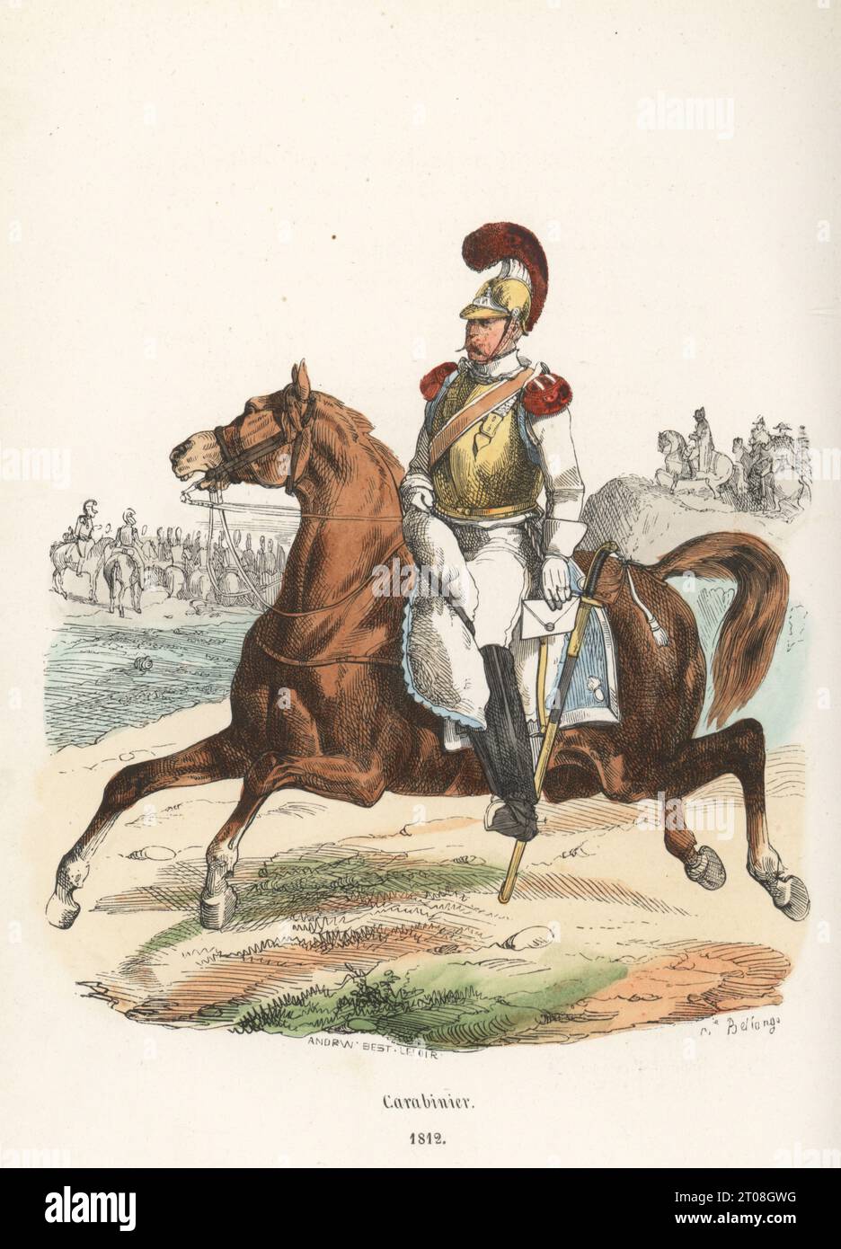 French Horse Carabinier carrying a letter, 1812. In brass helmet with crest or chenille, brass cuirass, white coat and breeches, red epaulettes, boots. Armed with straight sword. Mouton shabrack. 2nd Carabiniers regiment. Handcoloured woodcut by Andrew Best Leloir after an illustration by Hippolyte Bellangé from P.M. Laurent de l’Ardeche’s Histoire de Napoleon, Paris, 1840. Stock Photo
