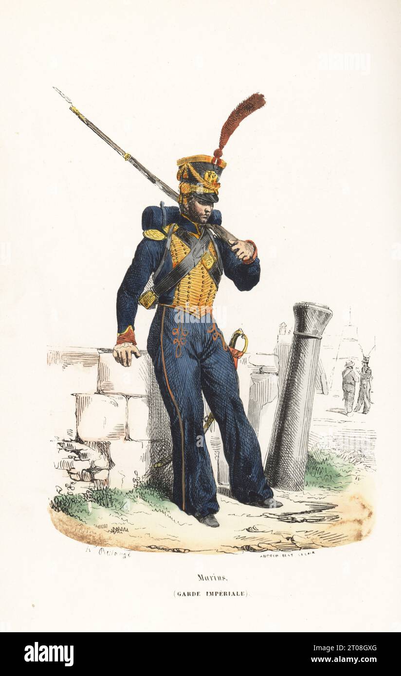 Uniform of the Marines of the French Imperial Guard. Hussar-like uniform of plumed shako, coat with aurore gold frogging and epaulettes, trousers with piping, armed with sabre and musket. Marins, Garde Imperiale. Handcoloured woodcut by Andrew Best Leloir after an illustration by Hippolyte Bellangé from P.M. Laurent de l’Ardeche’s Histoire de Napoleon, Paris, 1840. Stock Photo