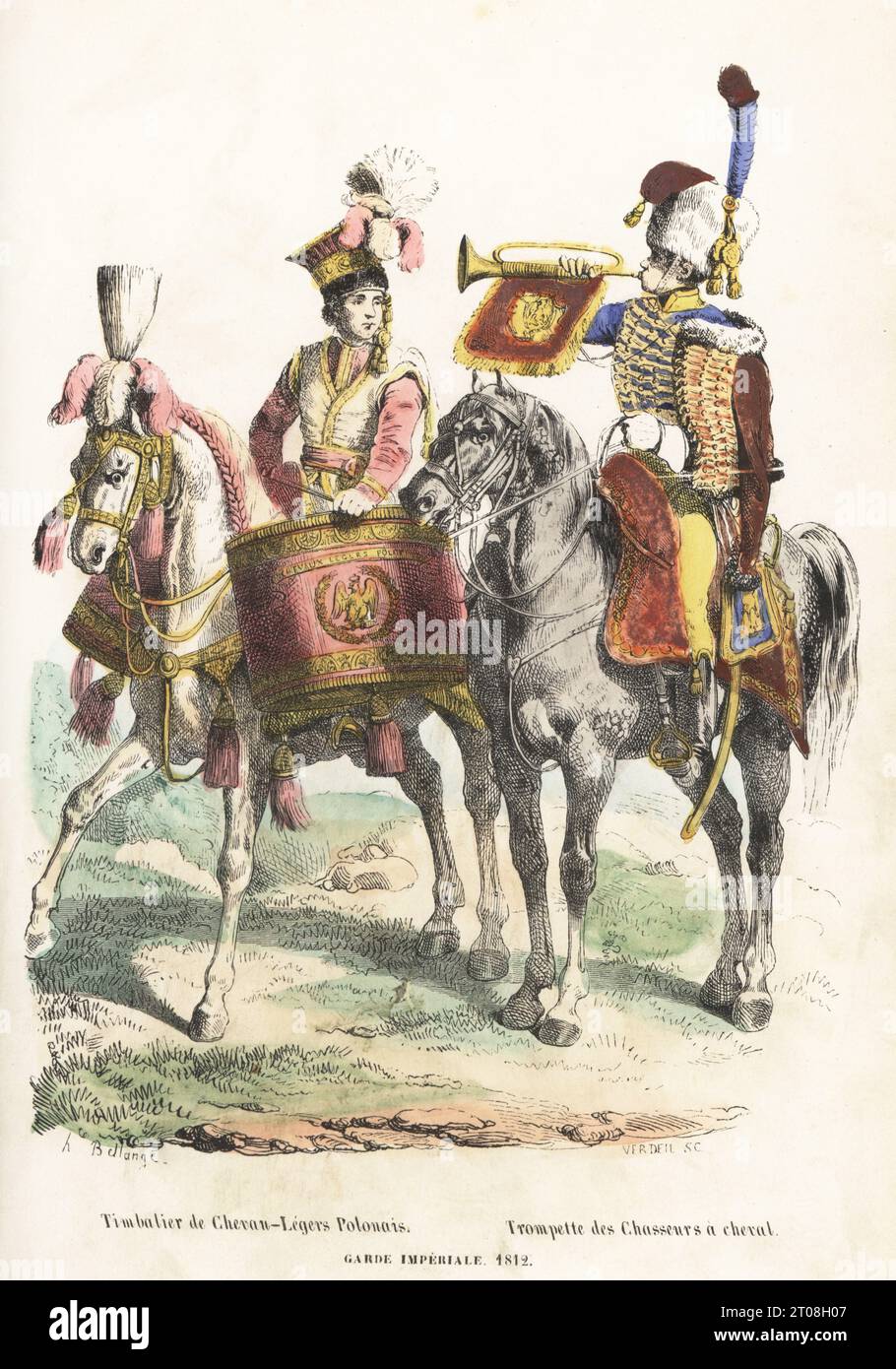 Musicians of the French Imperial Guard cavalry, 1812. Kettledrummer of the 1st Polish Light Cavalry Lancers and trumpeter of the Horse Chasseurs. Timbalier de Chevau-Legers Polonais, Trompette des Chasseurs a cheval, Garde Imperiale 1812. Handcoloured woodcut by Pierre Verdeil after an illustration by Hippolyte Bellangé from P.M. Laurent de l’Ardeche’s Histoire de Napoleon, Paris, 1840. Stock Photo