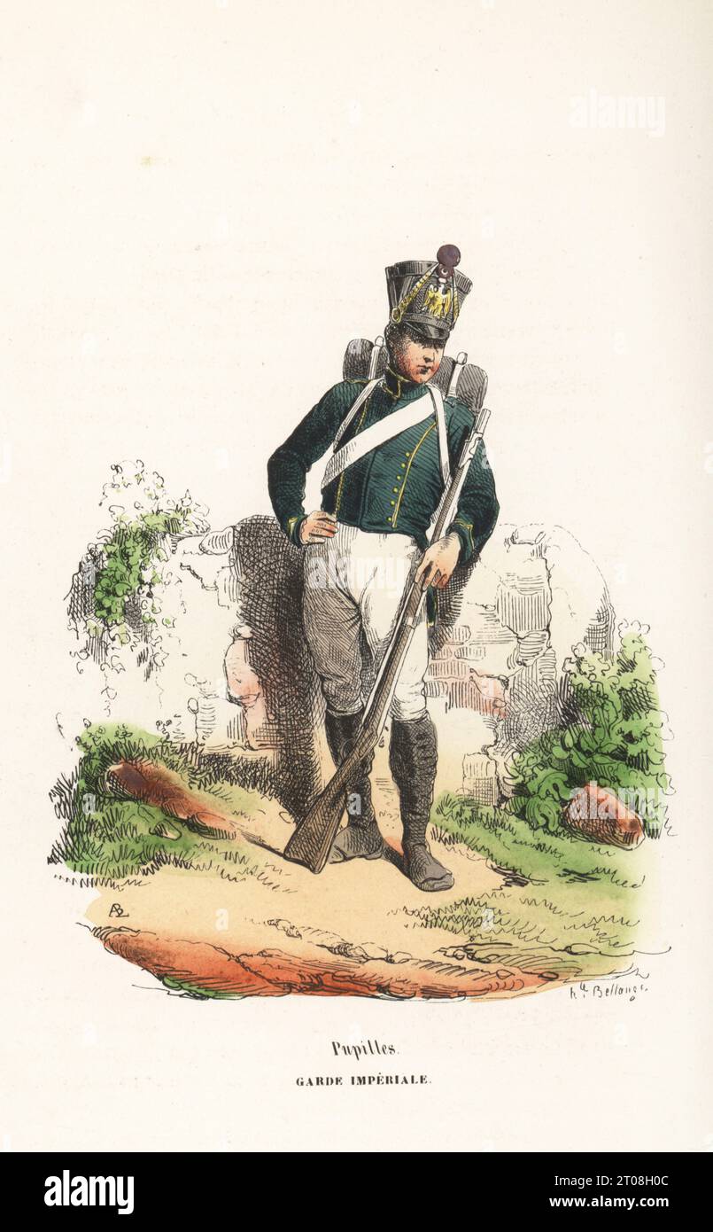 Uniform of the Wards of the French Imperial Guard, 1811-1815.  In rifleman's shako with pompon, green coat with yellow piping, breeches and gaiters, armed with musket. Pupilles, Garde Imperiale. Handcoloured woodcut by ABL (Andrew Best Leloir)  after an illustration by Hippolyte Bellangé from P.M. Laurent de l’Ardeche’s Histoire de Napoleon, Paris, 1840. Stock Photo