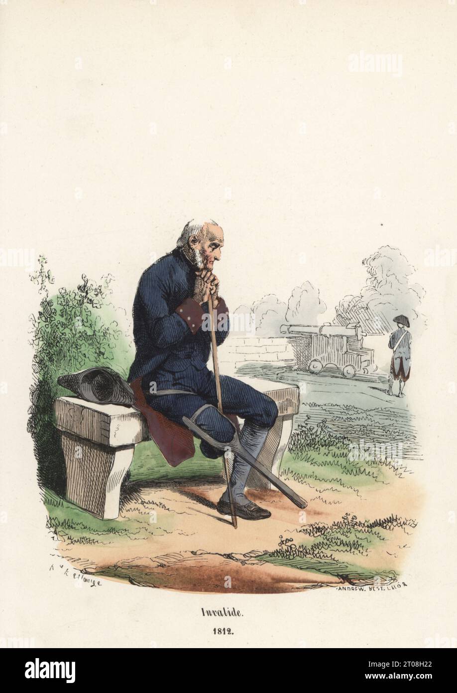 Uniform of a French veteran soldier, 1812. In bicorne, blue tailcoat and breeches, hose and buckle shoes, wooden leg. Invalide, 1812. Handcoloured woodcut by Andrew Best Leloir after an illustration by Hippolyte Bellangé from P.M. Laurent de l’Ardeche’s Histoire de Napoleon, Paris, 1840. Stock Photo