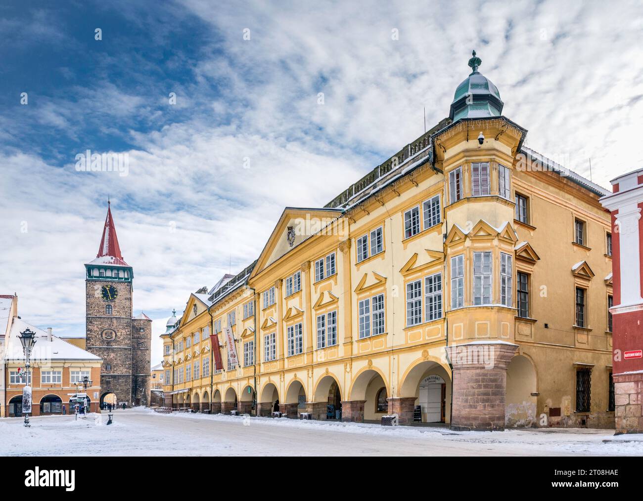 Valdicka Gate, 1568, and Zamek (Palace, Chateau) in winter, at Valdštejnské náměstí in Jičín, Czech Republic Stock Photo