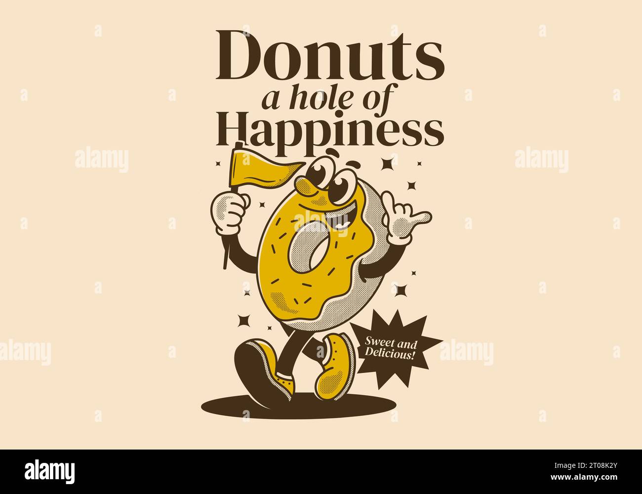 Donuts, a hole of happiness. Vintage mascot character illustration of walking donuts holding a flag Stock Vector