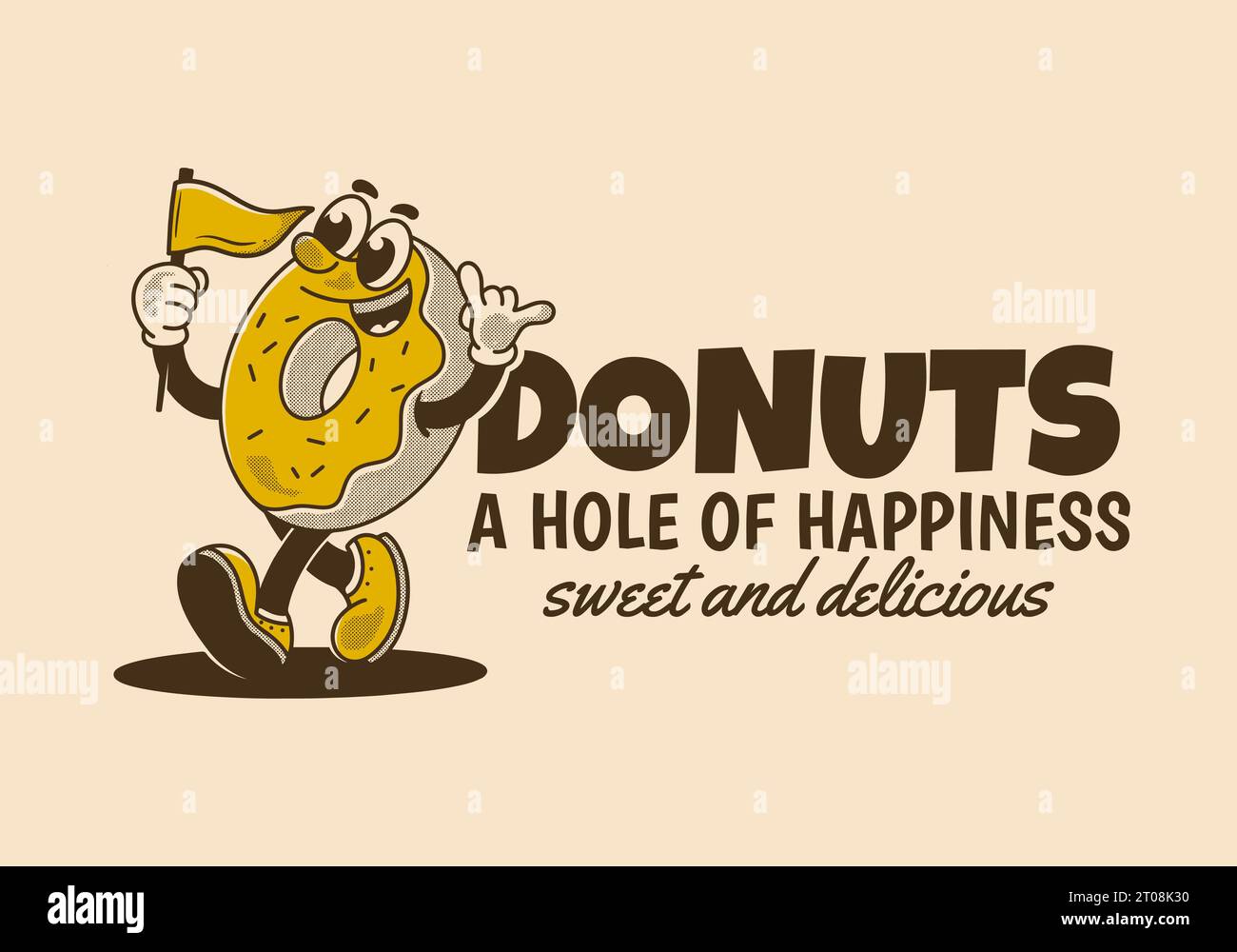 Donuts, a hole of happiness. Vintage mascot character illustration of walking donuts holding a flag Stock Vector