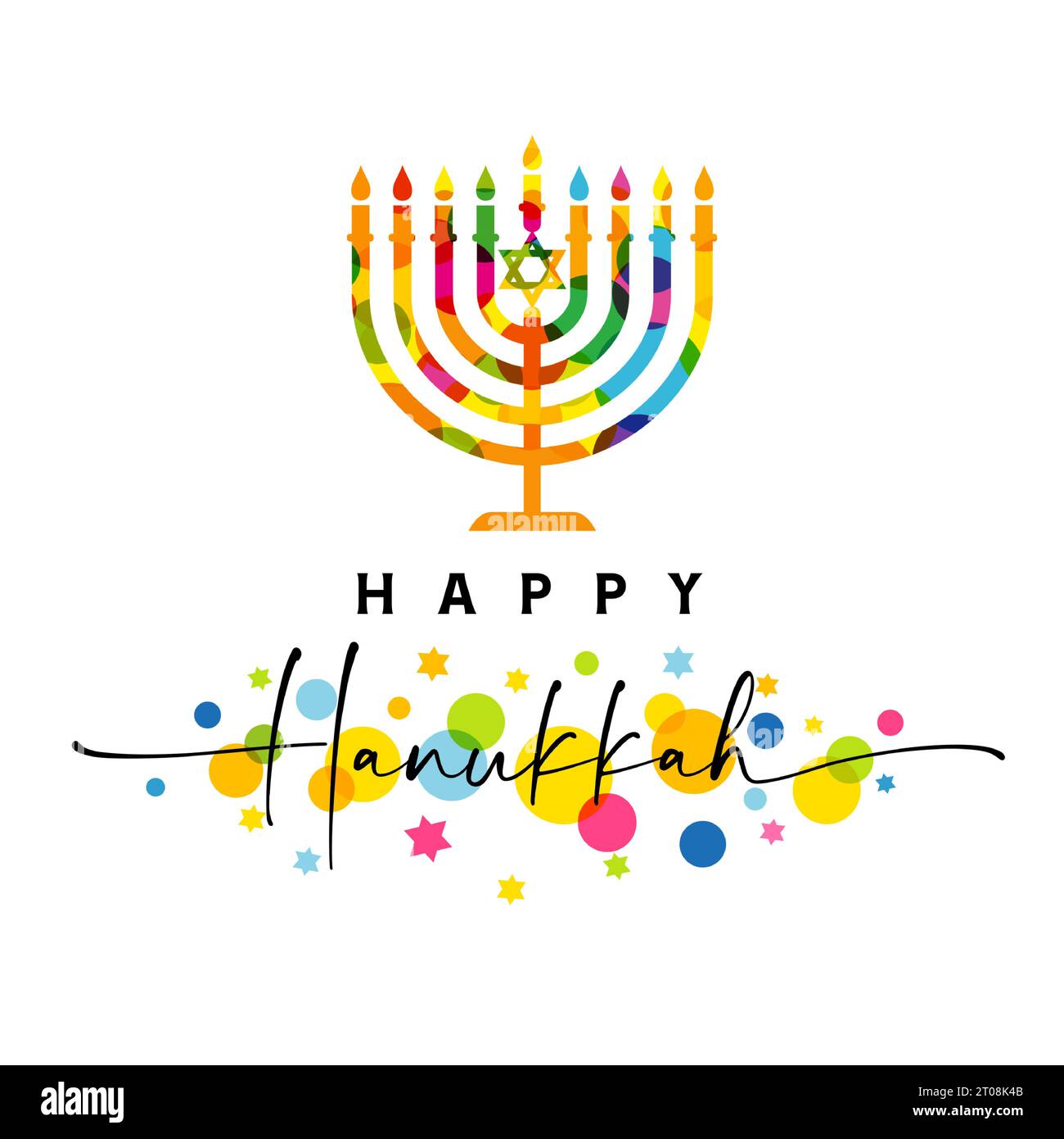 Happy Hanukkah card with elegant lettering and colored hanuka menorah. Jewish festival of lights web banner with calligraphy and menorah. Vector card Stock Vector