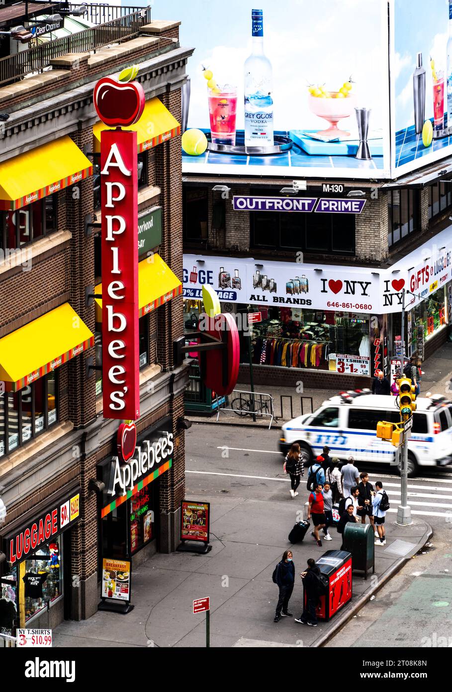 NEW YORK, USA - SEPTEMBER 16, 2023.  Aerial view of the Applebee's Grill and bar on 50th and Broadway in New York City Stock Photo