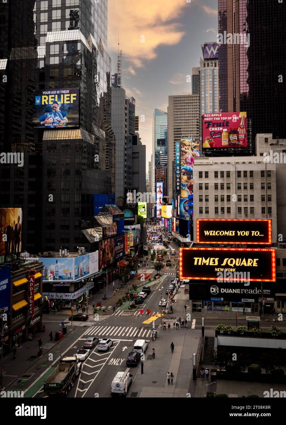 TIMES SQUARE, NEW YORK, USA, - SEPTEMBER 16, 2023. High angle vertical view of buildings and electronic billboards welcoming people in Times Square Ne Stock Photo