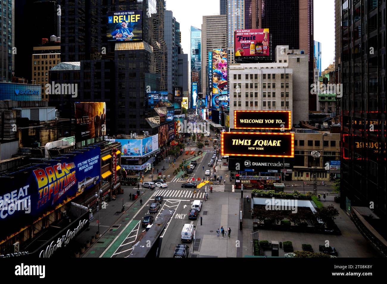 TIMES SQUARE, NEW YORK, USA, - SEPTEMBER 16, 2023. High angle panorama view of buildings and electronic billboards welcoming people in Times Square Ne Stock Photo