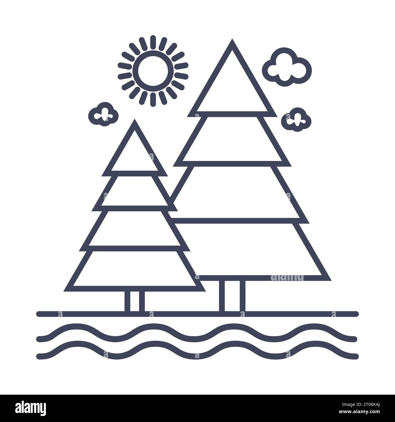 Linear icons of a Christmas tree and the sun, a forest massif, an