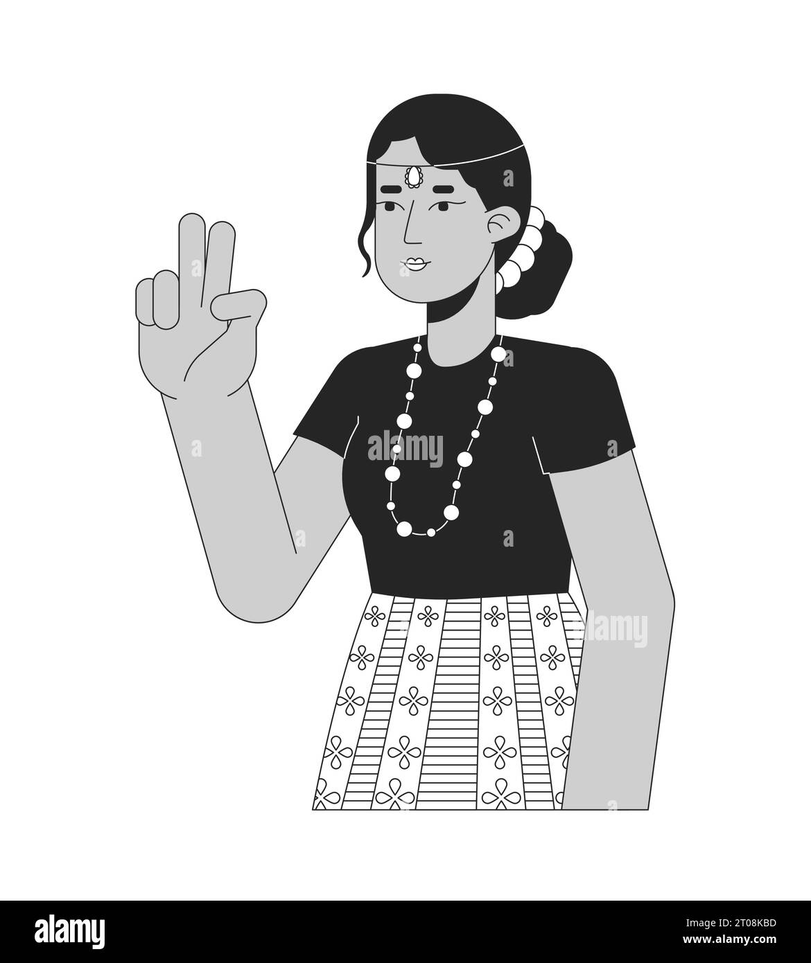 Peace sign girl with indian head jewelry black and white 2D line